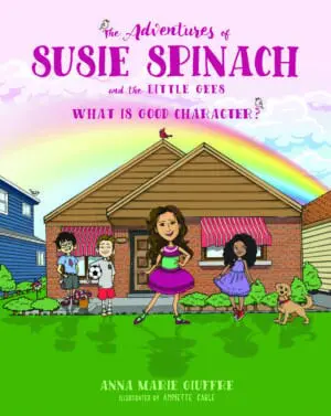 A book cover with a woman and children outside of her house.