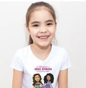 A girl wearing a t-shirt with two cartoon characters.