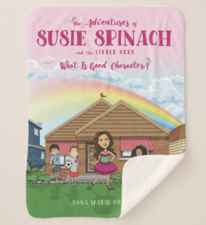 A book cover with a girl and her family.