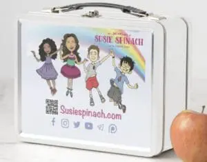 A white lunch box with a picture of children.