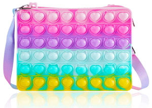 A bunch of different colored bags with hearts on them
