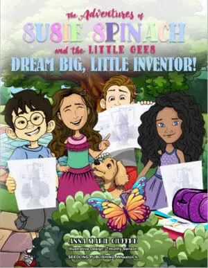 Four kids and a dog holding blueprints, inspiring young inventors to dream big.