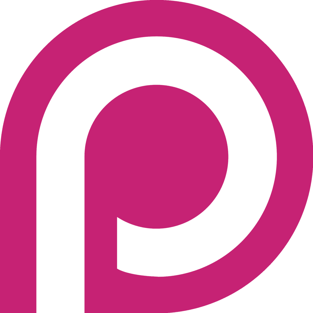 A pink and green p logo on top of a green background.