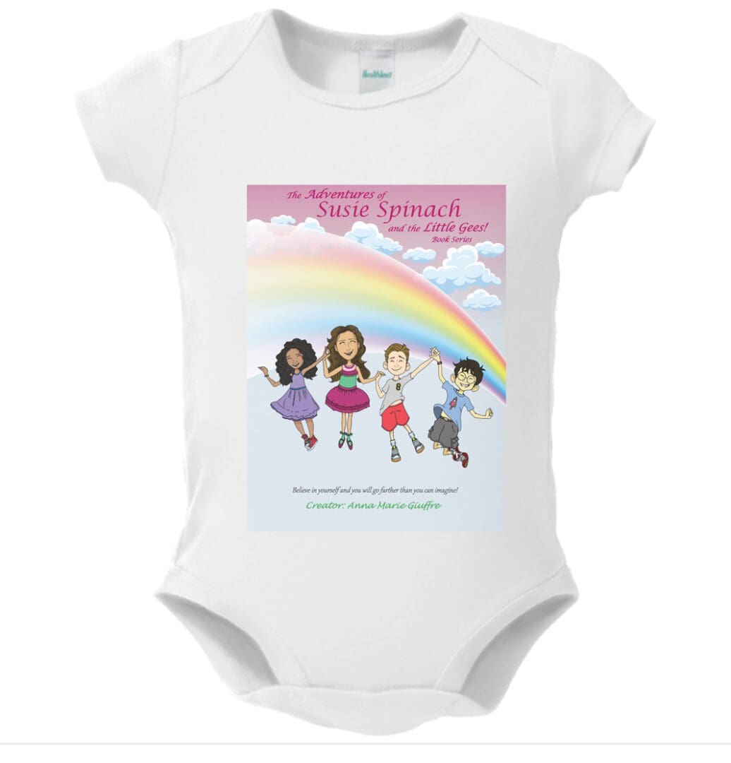 A white onesie with children and rainbow on it.