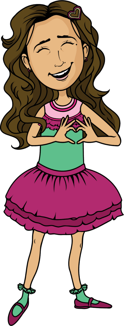 A cartoon of a girl making an i love you sign.