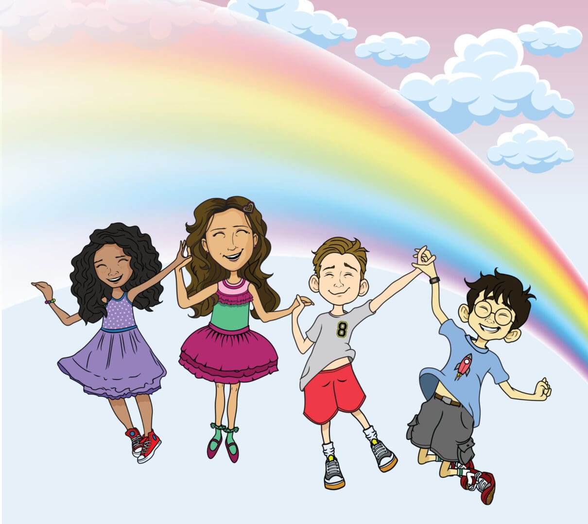 A group of children standing in front of a rainbow.
