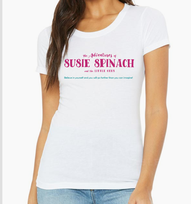 A woman wearing white t-shirt with pink lettering.