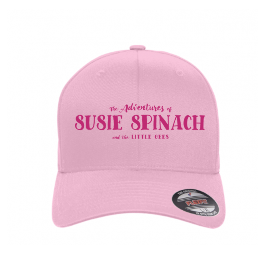 A pink hat with the words " an adventures of susie spinach and the three cents " on it.
