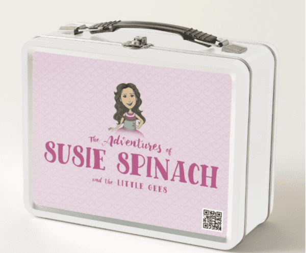 A pink and white lunch box with the name susie spinach