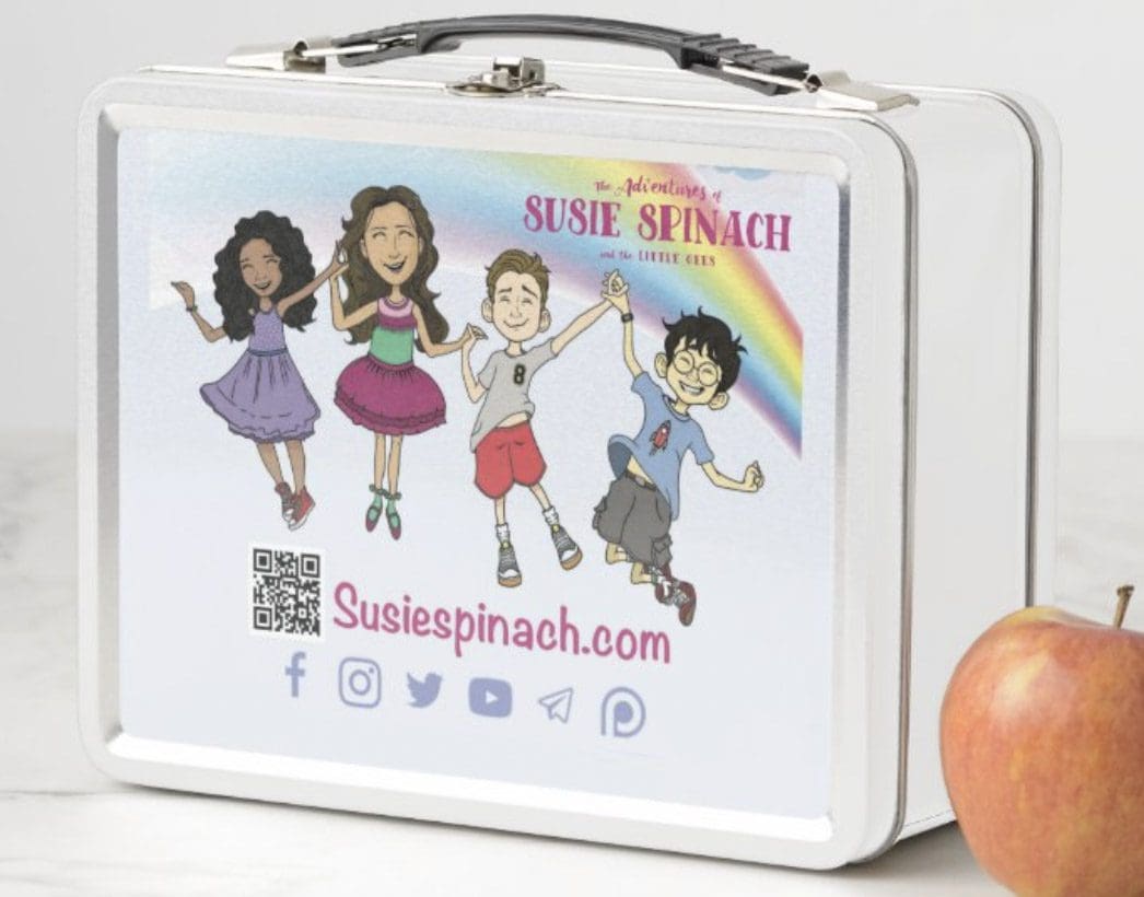 A white lunch box with a picture of children.