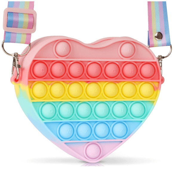 A heart shaped bag with rainbow colors on it.