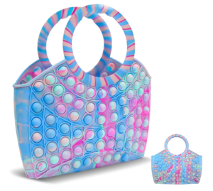 A blue purse with pink and white polka dots.