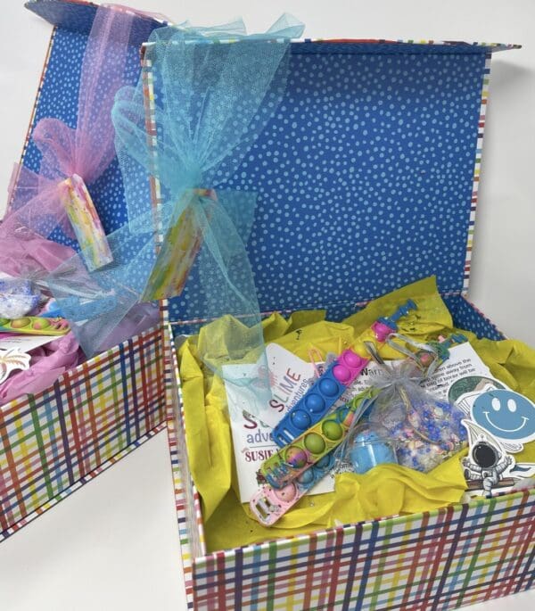 two open gift boxes with kids gifts inside with white background